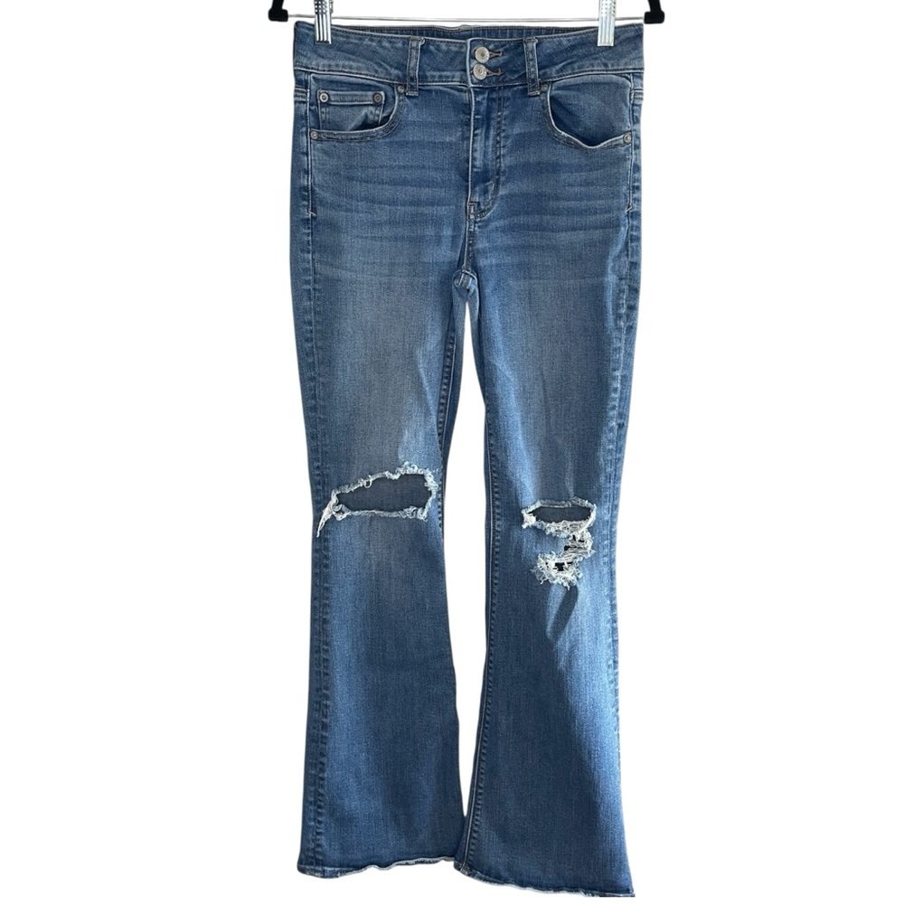 AMERICAN EAGLE High Rise Artist Flare Jeans Distressed Knees, Size 8 - Picture 2 of 11